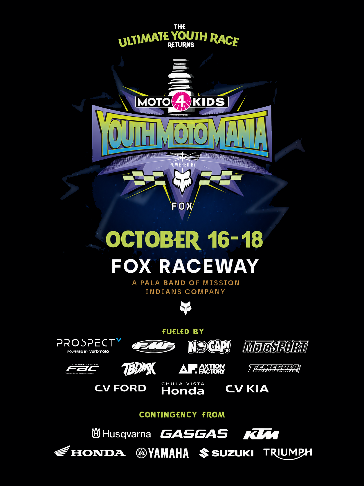Moto 4 Kids Youth Moto Mania, October 16 through 18 at Fox Raceway